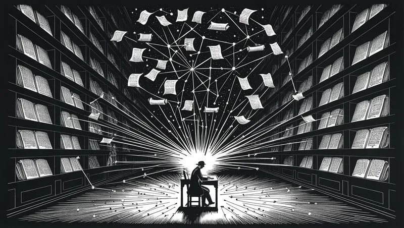 Rzemieślnik w ciemnej bibliotece, otoczony siecią połączonych dokumentów - ilustracja w stylu drzeworytu