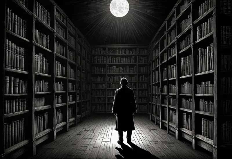 Bibliotekarz z latarnią w ręce przed wielką ścianą regałów, obok niego AI asystent jako świetlisty kompas pokazujący trzy kierunki jednocześnie - ilustracja w stylu drzeworytu