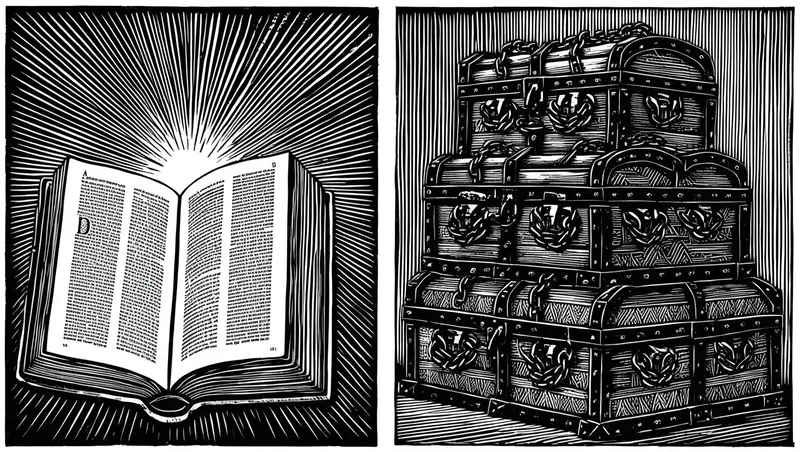 Rzemieślnik w ciemnej bibliotece, piszący piórem na pergaminie otoczonym symbolami formatowania tekstu - ilustracja w stylu drzeworytu