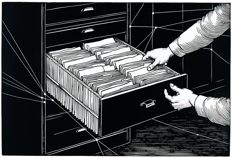 Rzemieślnik w ciemnej bibliotece, stojący przed rozświetloną siecią połączonych dokumentów i nici - ilustracja w stylu drzeworytu