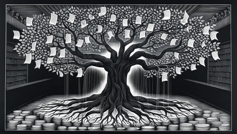 Rzemieślnik w ciemnej bibliotece, stojący przed rozgałęzionym drzewem z folderami zamiast liści, korzenie wrastają w uporządkowane warstwy ziemi - ilustracja w stylu drzeworytu