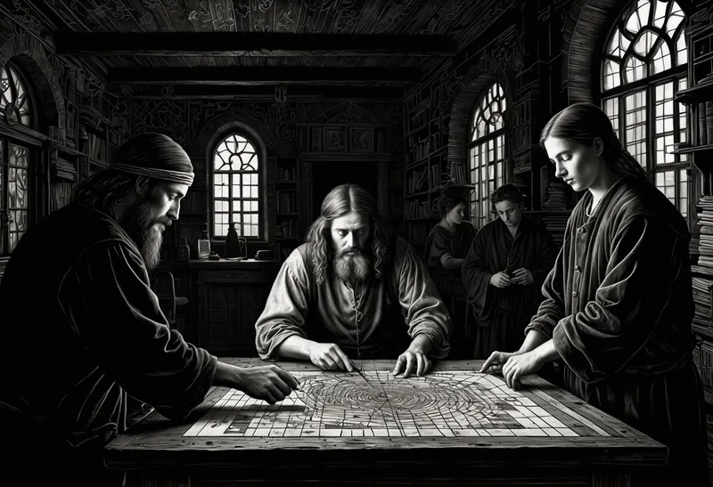 Rzemieślnik w ciemnej bibliotece, sortujący małe kartki i łączący je nićmi w sieć na dużym stole - ilustracja w stylu drzeworytu