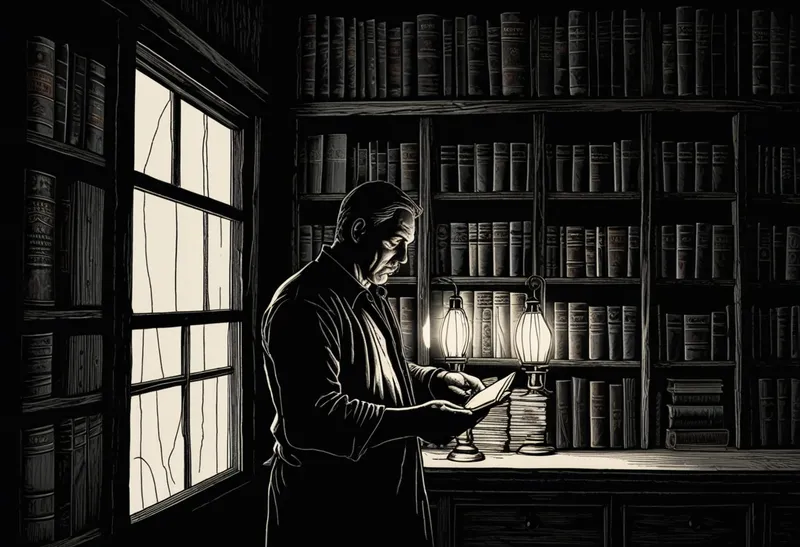 Rzemieślnik w ciemnej bibliotece, układający małe karty z napisami w logiczną mapę przypiętą do drewnianej ściany - ilustracja w stylu drzeworytu